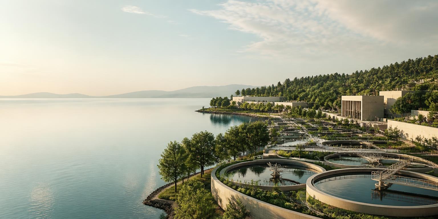Water infrastructure campus beside a reservoir