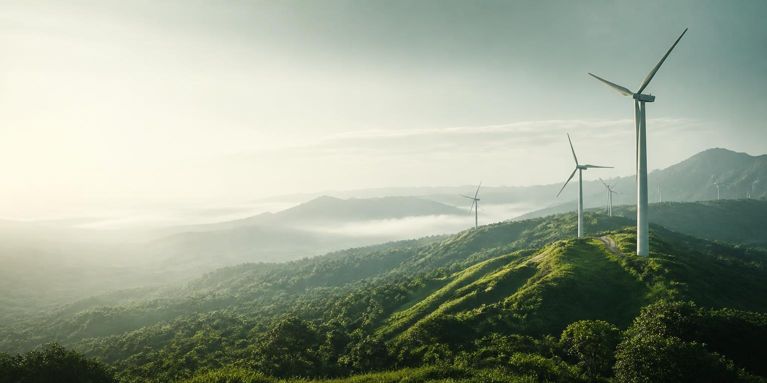 Wind energy across green mountain ridges